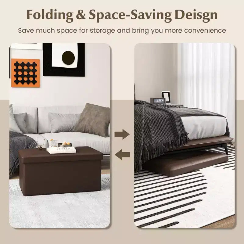 Costway Folding Storage Ottoman Upholstered Rectangle Footstool PVC Leather 22.5 Gallon Black/Brown/White