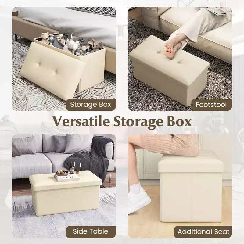 Costway Folding Storage Ottoman Upholstered Rectangle Footstool PVC Leather 22.5 Gallon Black/Brown/White