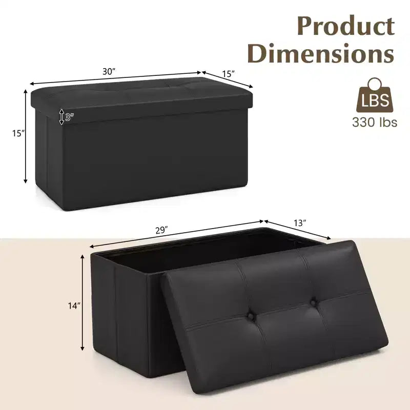 Costway Pouf de rangement pliable rectangulaire rembourré en cuir PVC, 85 litres, noir/marron/blanc