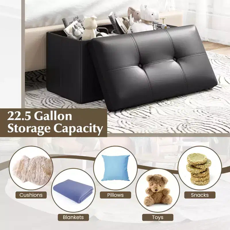 Costway Pouf de rangement pliable rectangulaire rembourré en cuir PVC, 85 litres, noir/marron/blanc