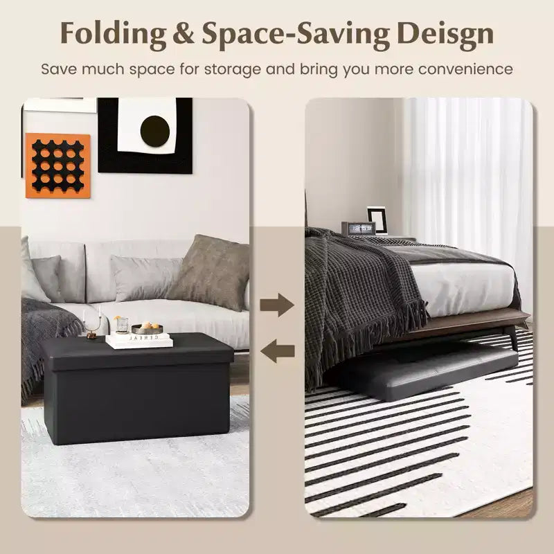 Costway Folding Storage Ottoman Upholstered Rectangle Footstool PVC Leather 22.5 Gallon Black/Brown/White