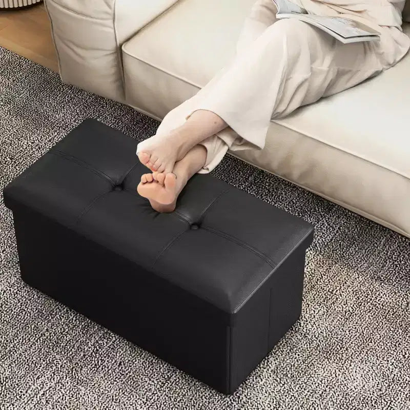 Costway Folding Storage Ottoman Upholstered Rectangle Footstool PVC Leather 22.5 Gallon Black/Brown/White