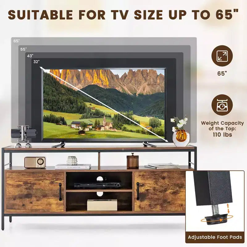 Costway Industrial TV Stand for TVs up to 65'' Media Center w/ Cabinets & Adjustable Shelf