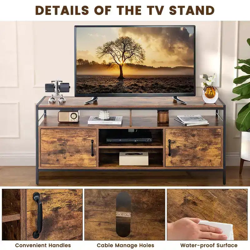 Costway Industrial TV Stand for TVs up to 65'' Media Center w/ Cabinets & Adjustable Shelf