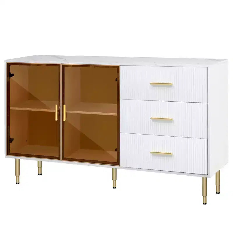 Modern Sideboard, Buffet Storage Cabinet with Amber-yellow Tempered Glass Doors and Gold Metal Legs & Handles-ModernLuxe