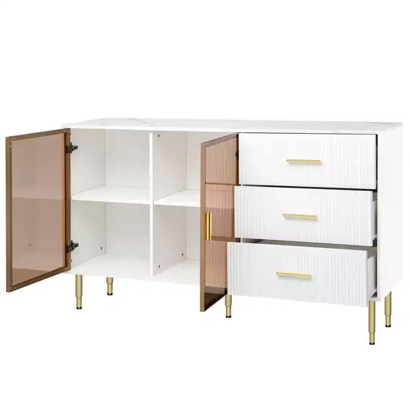 Modern Sideboard, Buffet Storage Cabinet with Amber-yellow Tempered Glass Doors and Gold Metal Legs & Handles-ModernLuxe