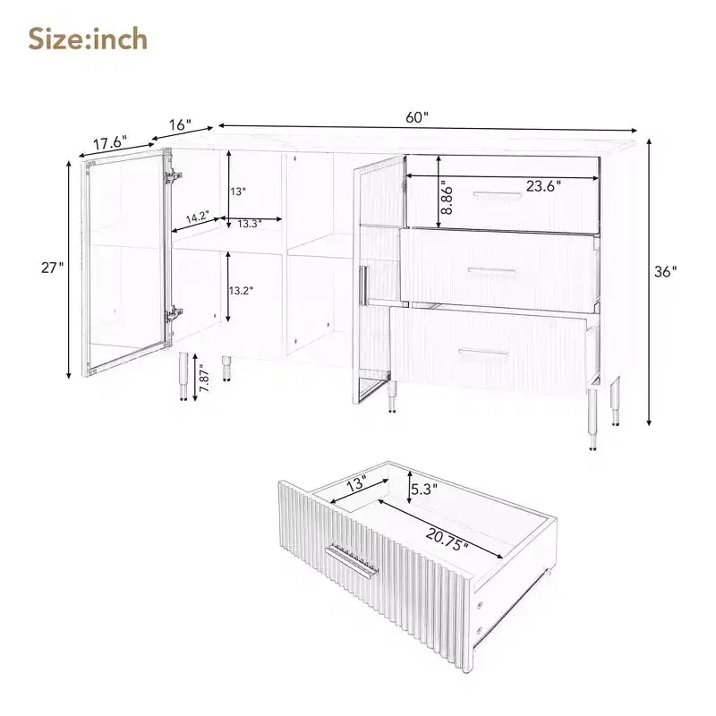 Modern Sideboard, Buffet Storage Cabinet with Amber-yellow Tempered Glass Doors and Gold Metal Legs & Handles-ModernLuxe