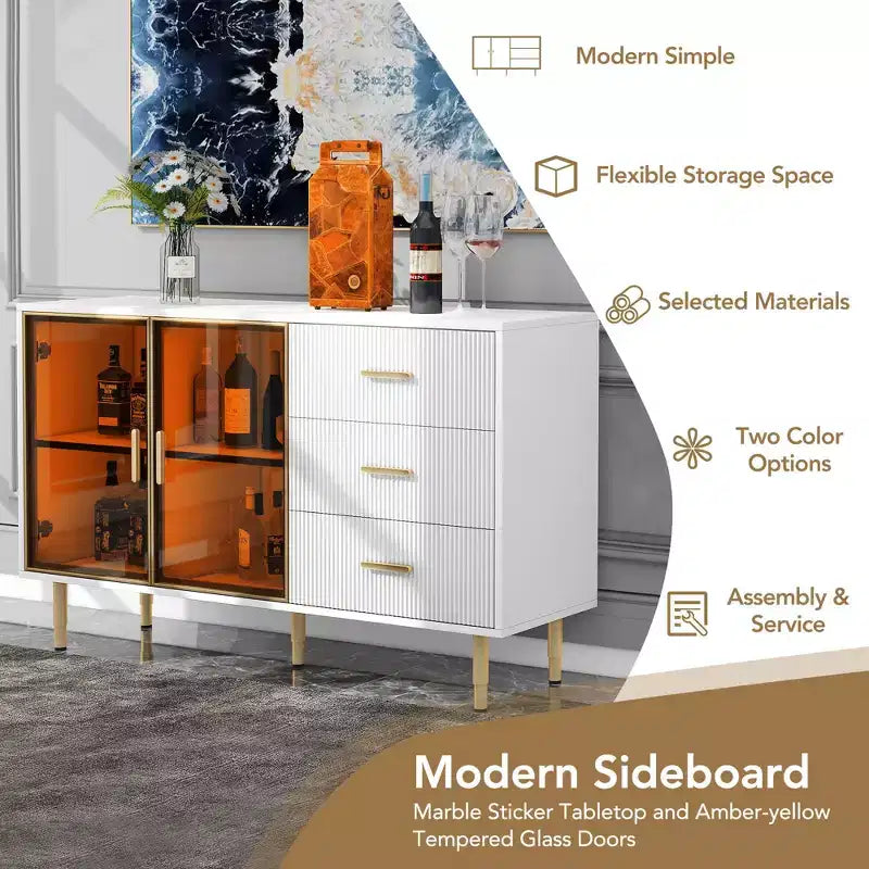 Modern Sideboard, Buffet Storage Cabinet with Amber-yellow Tempered Glass Doors and Gold Metal Legs & Handles-ModernLuxe