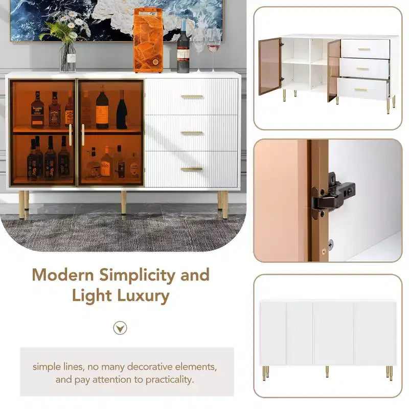 Modern Sideboard, Buffet Storage Cabinet with Amber-yellow Tempered Glass Doors and Gold Metal Legs & Handles-ModernLuxe