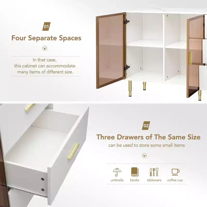 Modern Sideboard, Buffet Storage Cabinet with Amber-yellow Tempered Glass Doors and Gold Metal Legs & Handles-ModernLuxe
