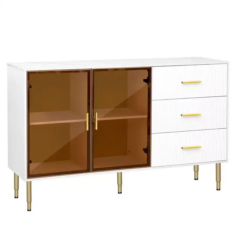 Modern Sideboard, Buffet Storage Cabinet with Amber-yellow Tempered Glass Doors and Gold Metal Legs & Handles-ModernLuxe