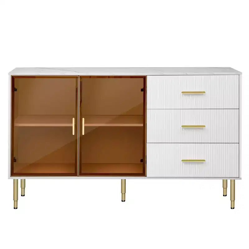 Modern Sideboard, Buffet Storage Cabinet with Amber-yellow Tempered Glass Doors and Gold Metal Legs & Handles-ModernLuxe