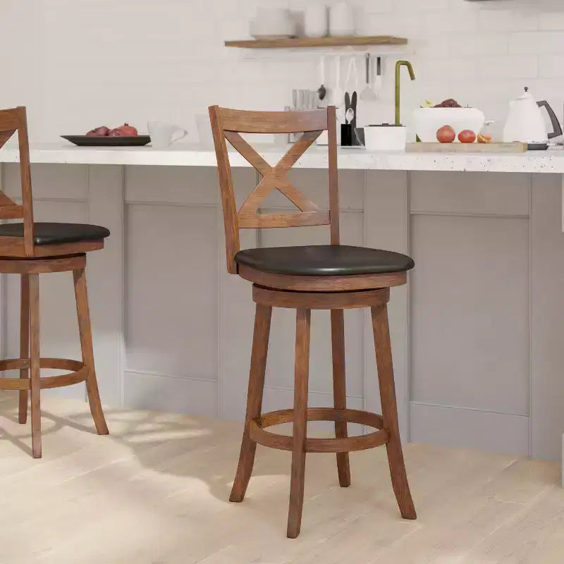 Emma and Oliver Wooden Crossback Pub Style Barstool with Padded Faux Leather Swivel Seat