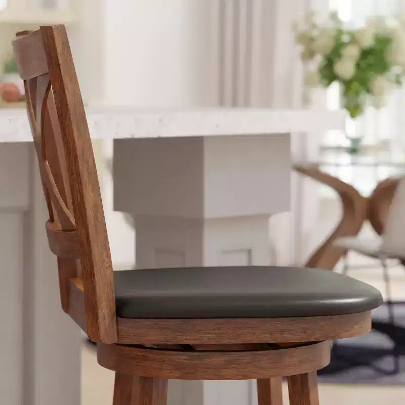 Emma and Oliver Wooden Crossback Pub Style Barstool with Padded Faux Leather Swivel Seat