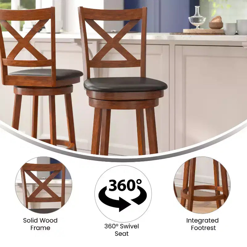 Emma and Oliver Wooden Crossback Pub Style Barstool with Padded Faux Leather Swivel Seat