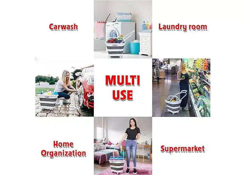 dbest products Folding Gocart Collapsible Laundry Basket On Wheels Grocery Cart Shopping Foldable Pop Up Plastic Hamper Tote