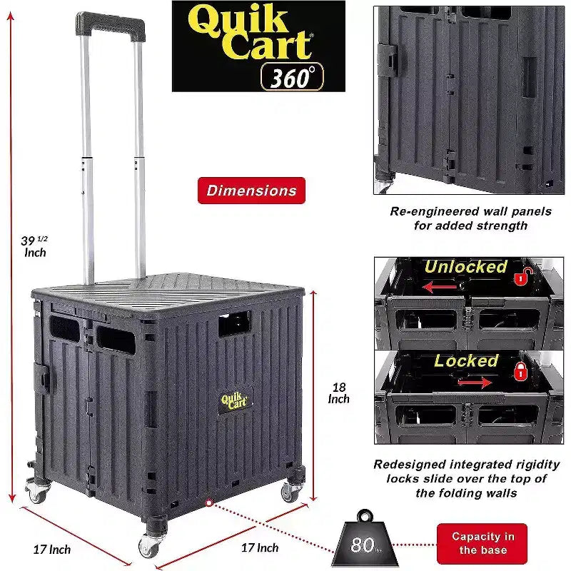 dbest products Quik Cart 360 Four Wheeled Rolling Crate With Seat & Heavy Duty Collapsible Basket