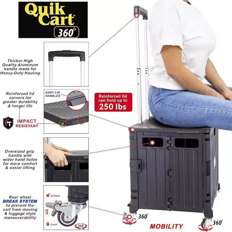 dbest products Quik Cart 360 Four Wheeled Rolling Crate With Seat & Heavy Duty Collapsible Basket
