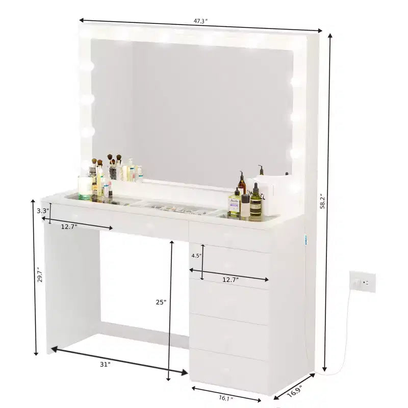 Boahaus Tatiana Lighted Makeup Vanity with 7 Drawers Powers Outlets and UBP Ports