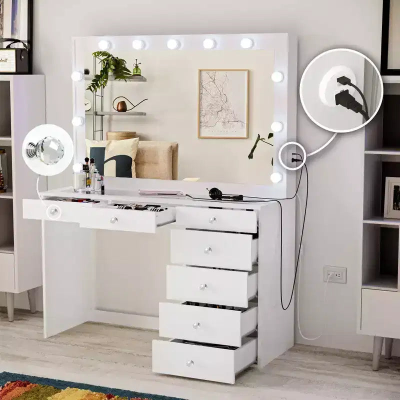 Boahaus Tatiana Lighted Makeup Vanity with 7 Drawers Powers Outlets and UBP Ports