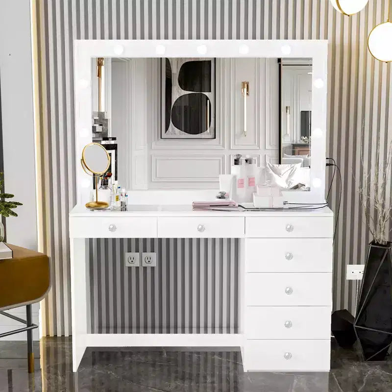 Boahaus Tatiana Lighted Makeup Vanity with 7 Drawers Powers Outlets and UBP Ports