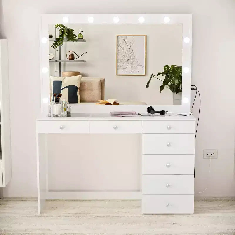 Boahaus Tatiana Lighted Makeup Vanity with 7 Drawers Powers Outlets and UBP Ports