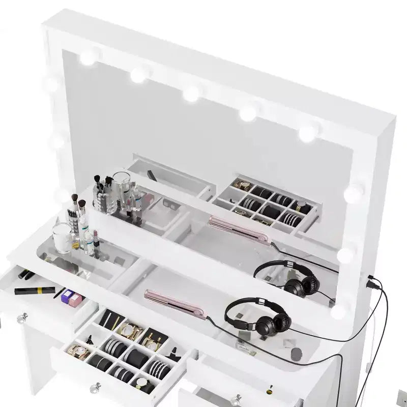 Boahaus Tatiana Lighted Makeup Vanity with 7 Drawers Powers Outlets and UBP Ports