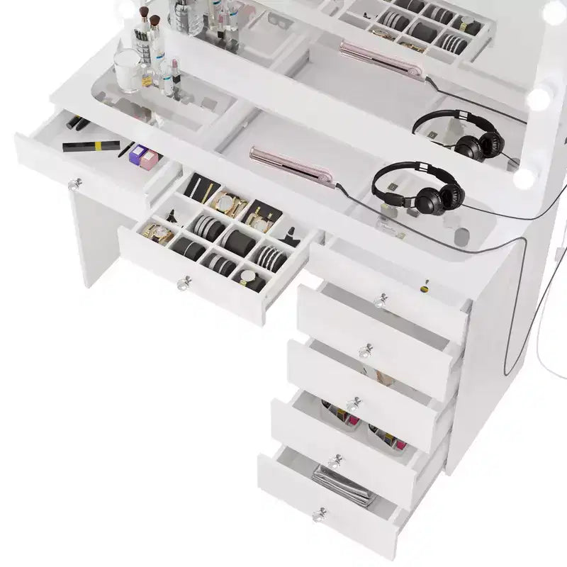 Boahaus Tatiana Lighted Makeup Vanity with 7 Drawers Powers Outlets and UBP Ports
