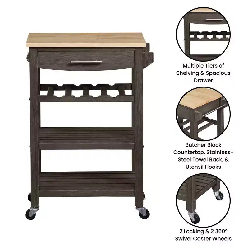 Ellaine 4 Tier Butcher Block Kitchen Cart with Drawer and Wine Rack - Breighton Home