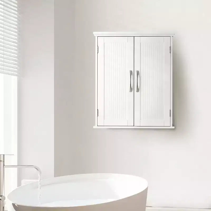 Teamson Home Newport Wall Mounted Storage Cabinet with 2 Doors, Adjustable Shelf and Brushed Nickel Handles, White