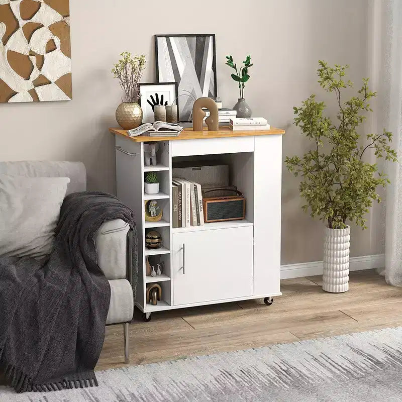 Costway Kitchen Island with Storage Rolling Kitchen Cart with Towel Rack Storage Cart on Wheels w/Bamboo Top 6-Bottle Wine Rack Spice Rack White