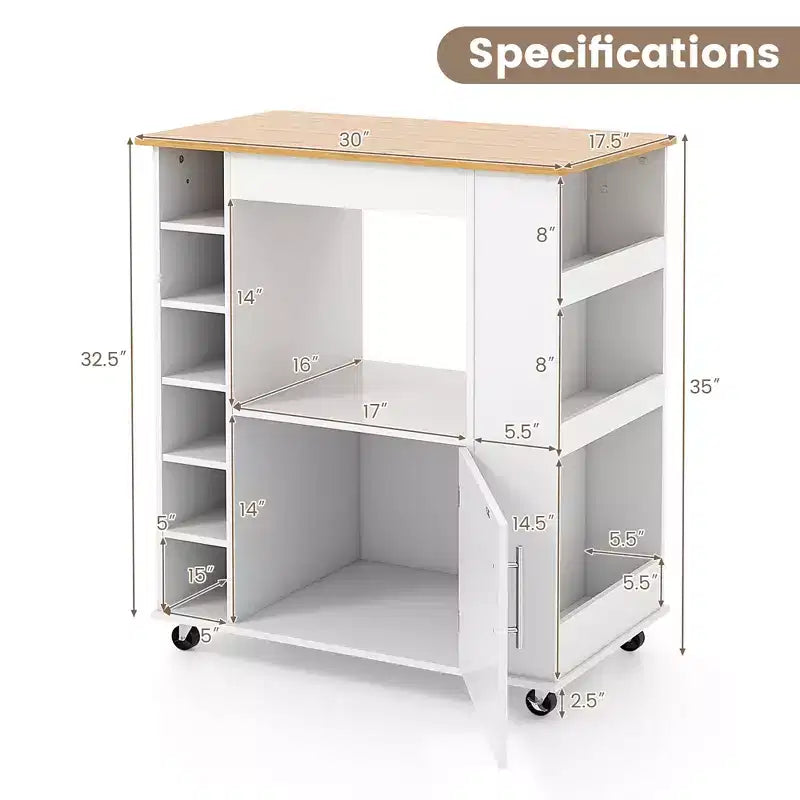 Costway Kitchen Island with Storage Rolling Kitchen Cart with Towel Rack Storage Cart on Wheels w/Bamboo Top 6-Bottle Wine Rack Spice Rack White