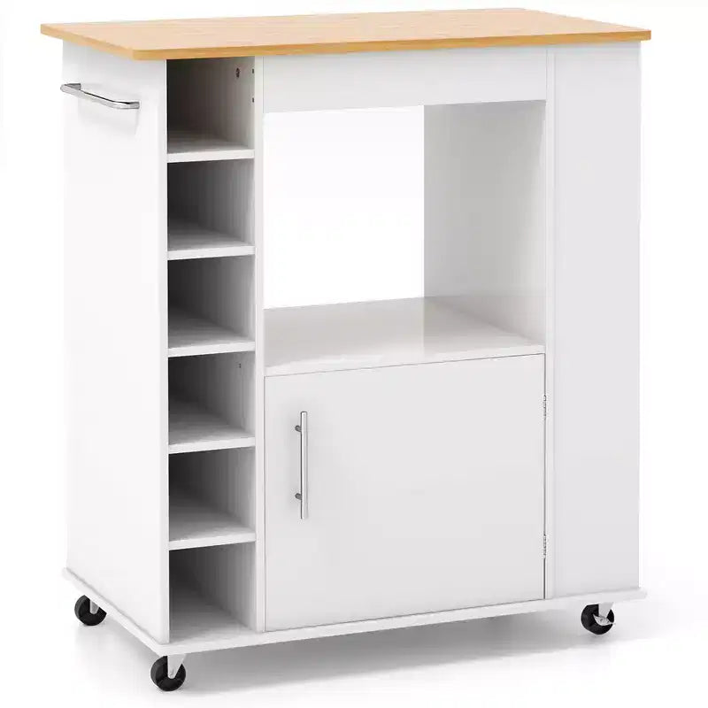 Costway Kitchen Island with Storage Rolling Kitchen Cart with Towel Rack Storage Cart on Wheels w/Bamboo Top 6-Bottle Wine Rack Spice Rack White