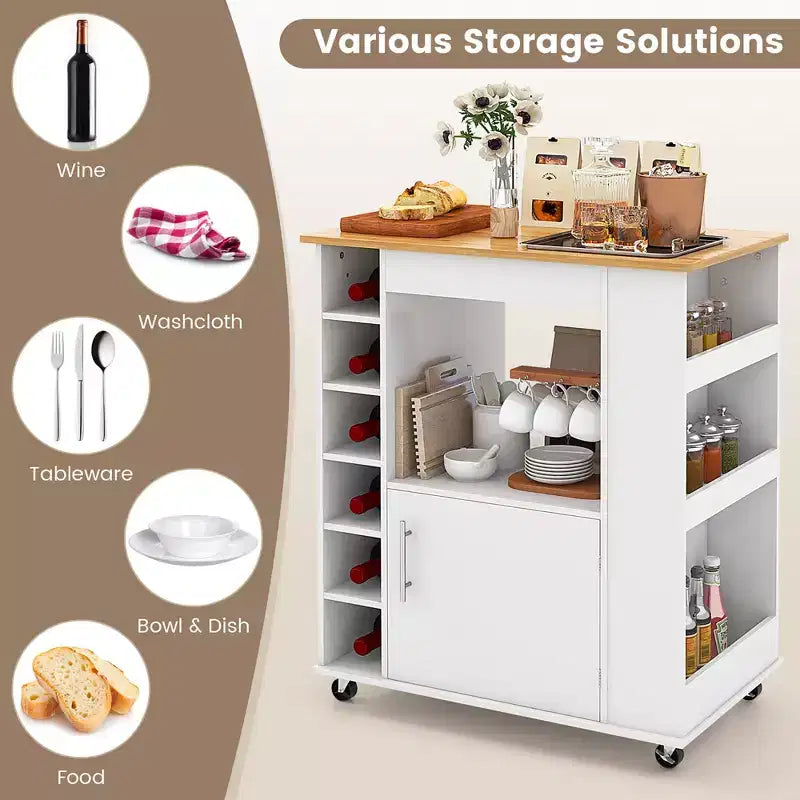 Costway Kitchen Island with Storage Rolling Kitchen Cart with Towel Rack Storage Cart on Wheels w/Bamboo Top 6-Bottle Wine Rack Spice Rack White