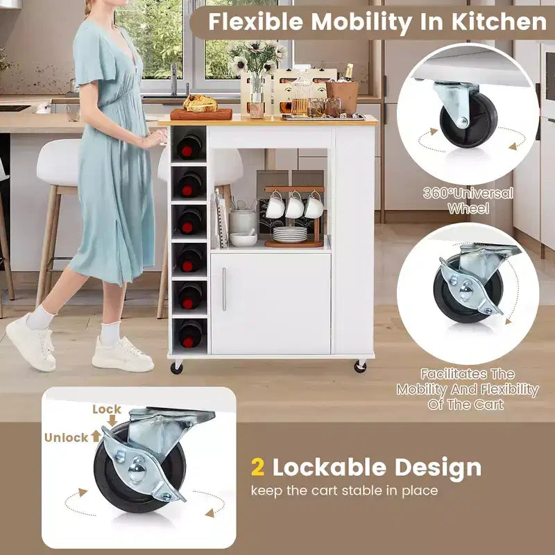 Costway Kitchen Island with Storage Rolling Kitchen Cart with Towel Rack Storage Cart on Wheels w/Bamboo Top 6-Bottle Wine Rack Spice Rack White