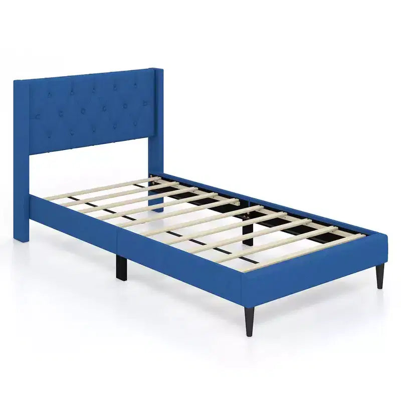 Costway Twin Size Upholstered Platform Bed with Button Tufted Wingback Headboard Blue/Grey