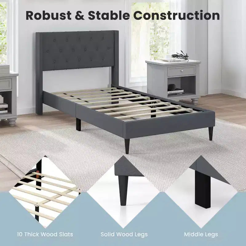 Costway Twin Size Upholstered Platform Bed with Button Tufted Wingback Headboard Blue/Grey