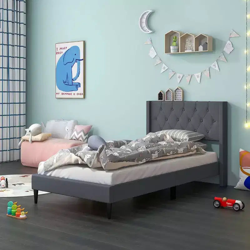 Costway Twin Size Upholstered Platform Bed with Button Tufted Wingback Headboard Blue/Grey