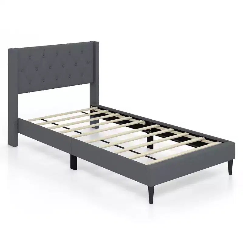 Costway Twin Size Upholstered Platform Bed with Button Tufted Wingback Headboard Blue/Grey