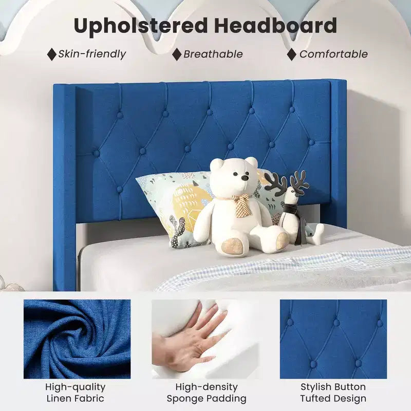 Costway Twin Size Upholstered Platform Bed with Button Tufted Wingback Headboard Blue/Grey