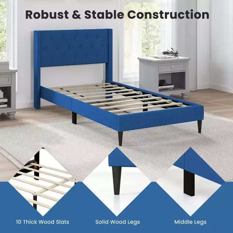 Costway Twin Size Upholstered Platform Bed with Button Tufted Wingback Headboard Blue/Grey