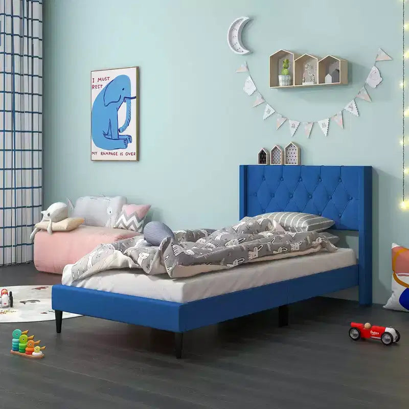 Costway Twin Size Upholstered Platform Bed with Button Tufted Wingback Headboard Blue/Grey