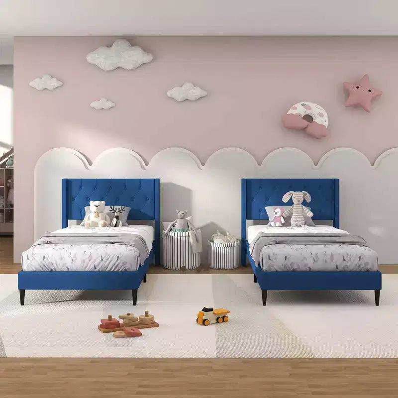 Costway Twin Size Upholstered Platform Bed with Button Tufted Wingback Headboard Blue/Grey