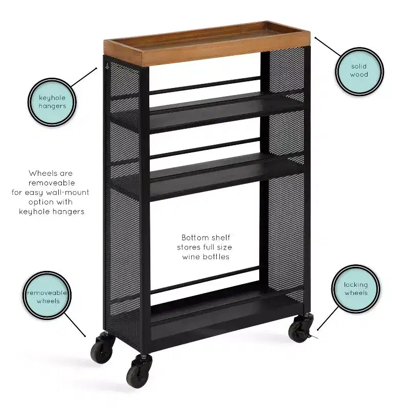 Carrello contenitore in metallo rettangolare Piazza, 18x7x30, naturale e nero