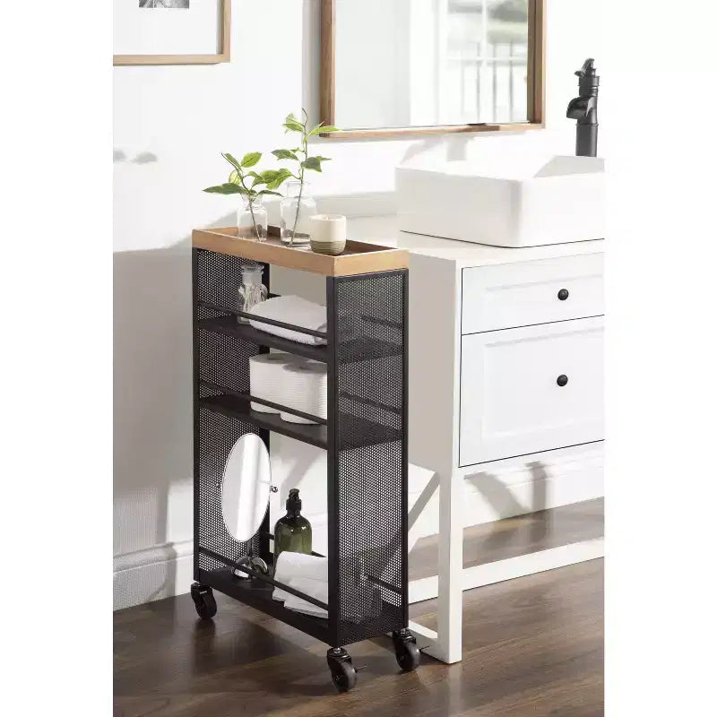 Carrello contenitore in metallo rettangolare Piazza, 18x7x30, naturale e nero
