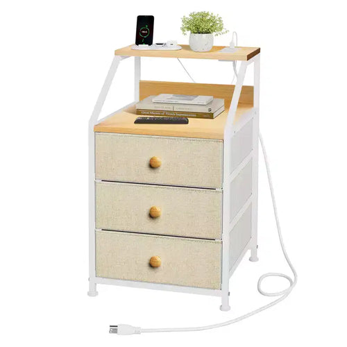 REAHOME 2 Shelf 3 Drawer Modern Bedroom Nightstand End Table Storage Unit Organizer with Charging Station for Bedroom, Living Room, and Office, Taupe