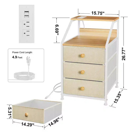 Comodino moderno a 2 ripiani e 3 cassetti con unità organizer e stazione di ricarica per camera da letto, soggiorno e ufficio, Tortora