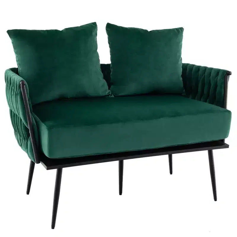 Costway Modern Loveseat Sofa Upholstered Dutch Velvet Couch with Woven Back & Arms Green/Grey