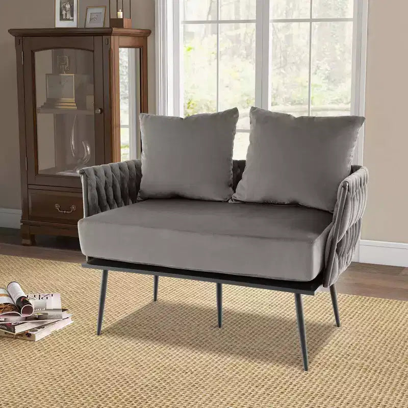 Costway Modern Loveseat Sofa Upholstered Dutch Velvet Couch with Woven Back & Arms Green/Grey
