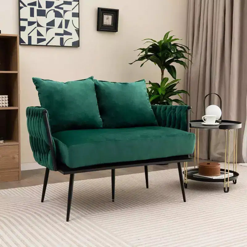 Costway Modern Loveseat Sofa Upholstered Dutch Velvet Couch with Woven Back & Arms Green/Grey